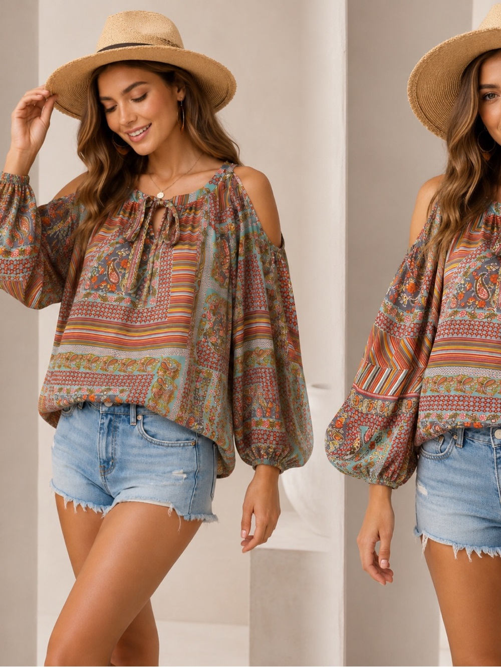 Umgee Rust Multi Cold-Shoulder Patchwork Blouse